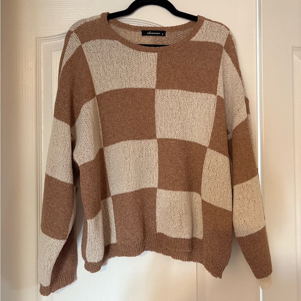 Brown and Cream Checkered Sweater